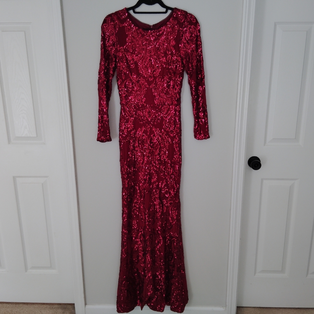 Betsy & Adam Burgandy Long Sleeve Gown